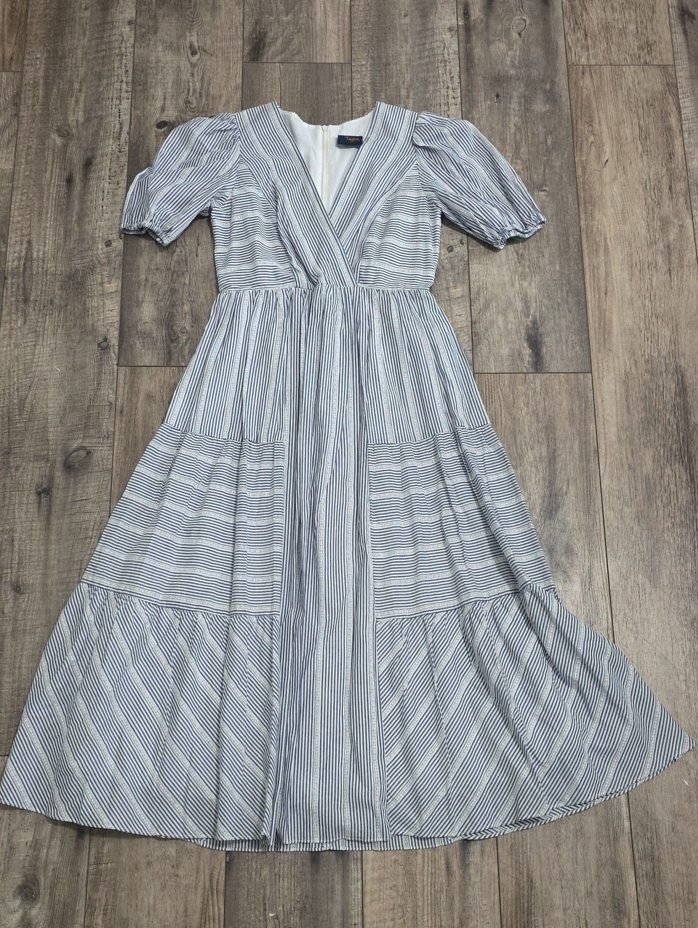 Just...Taylor blue and white striped tiered maxi dress featuring a V-neck